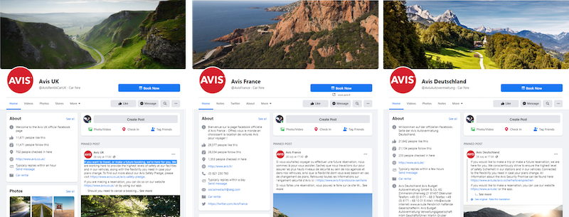 Screenshots of the Avis car rental company’s Facebook pages in three European countries.
