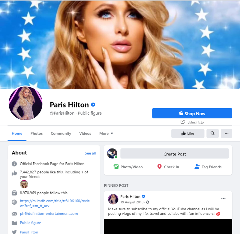 A screenshot of the public figure page of celebrity Paris Hilton.