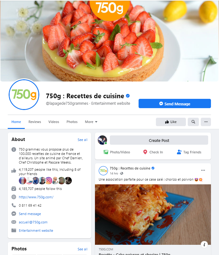 A screenshot of the Facebook page of the 750g recipe site.