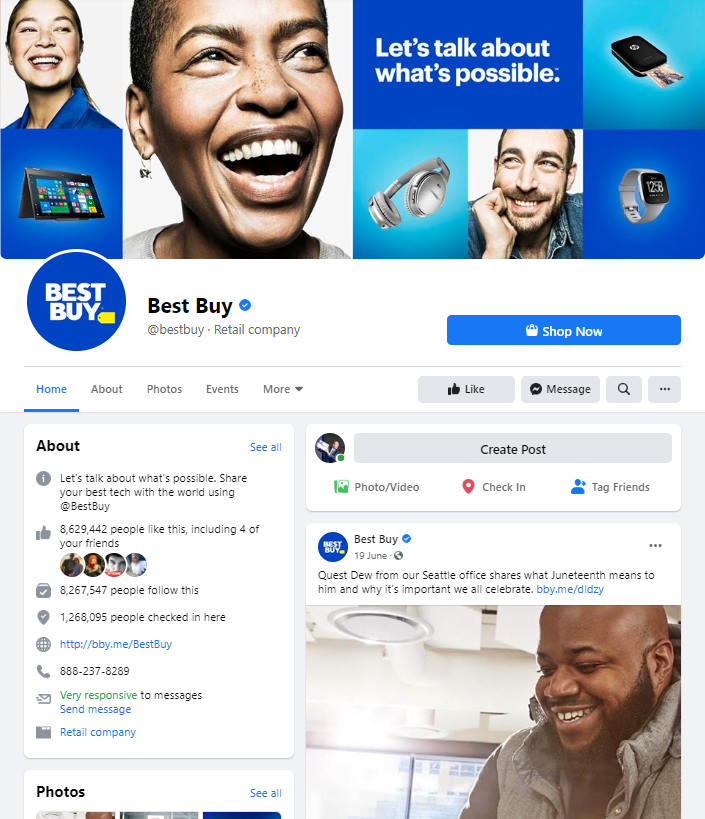 A screenshot of the Facebook page for Best Buy with the Shop button activated.
