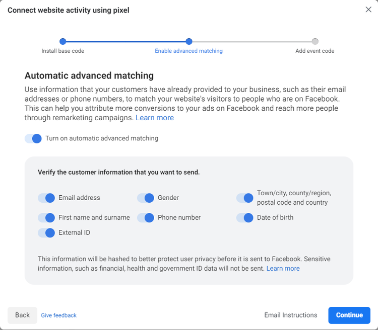 Screenshot from the Pixel setup indicating the types of information you allow Facebook to collect from your website.