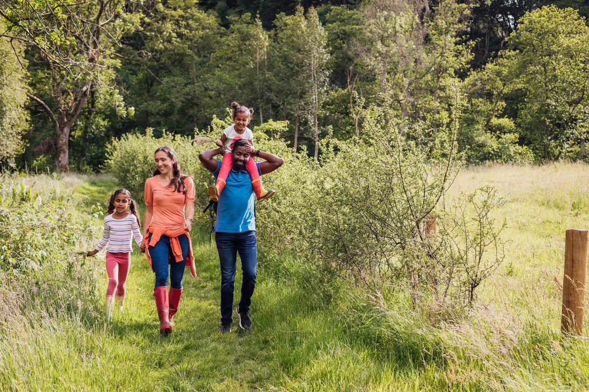 A happy family of four walking along a trail in the woods.