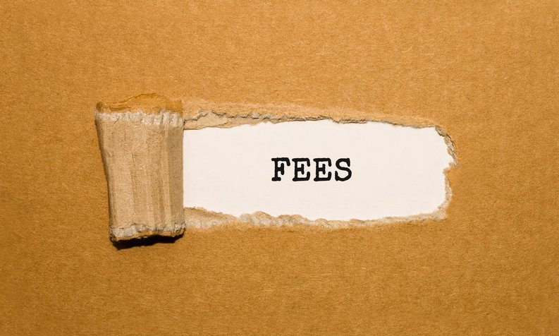 A piece of cardboard torn to reveal the word FEES.