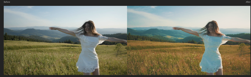 Before and after color grade of woman running through a field.