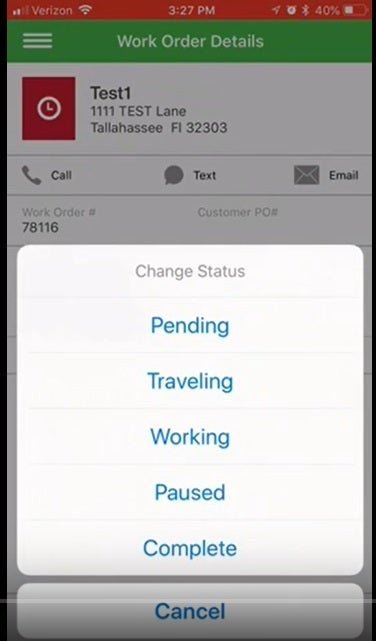 FieldEdge mobile screen to set job status to: pending, traveling, working, paused, or complete.