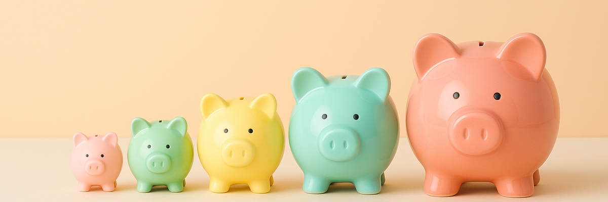 Five piggy banks of various colors in a row ranging from small to large on a light orange background.