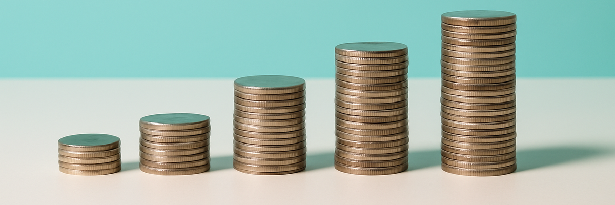 Five stacks of coins in a row going from shorter to taller against blue and gray split background.