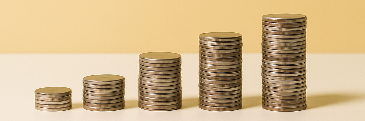Five stacks of silver coins scaling from small to large in a row on yellow cream split background.
