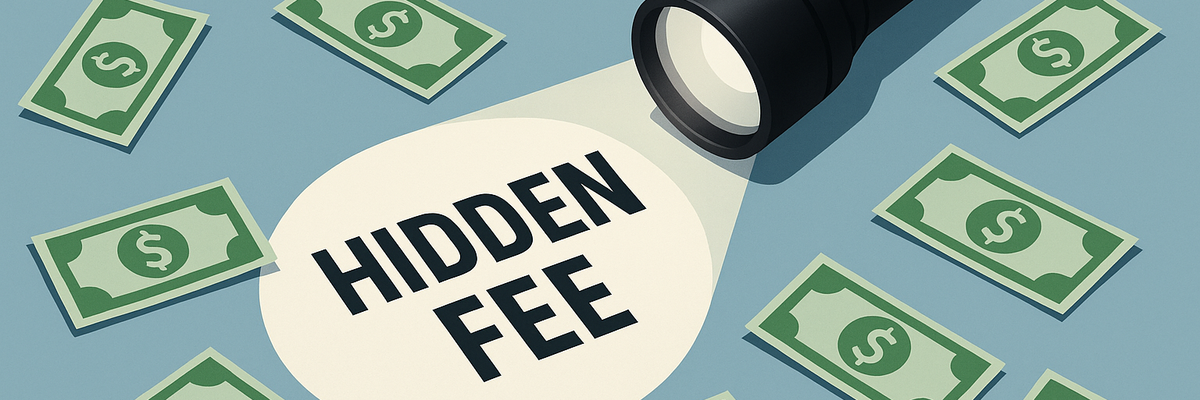 A flashlight shining on words "hidden fee: with dollar bills in background.