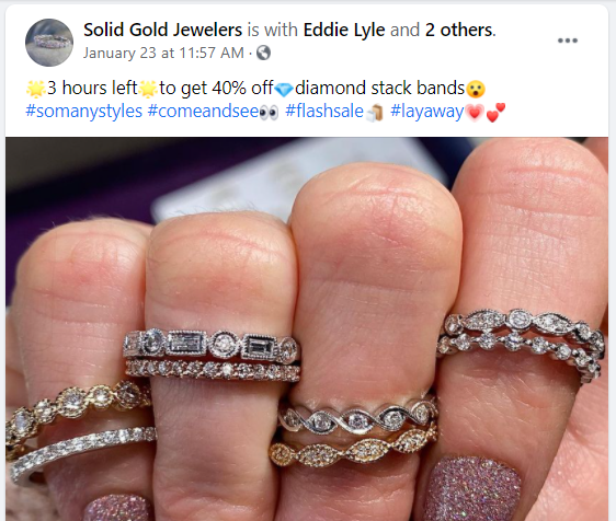 Flash sale ad from Solid Gold Jewelers Facebook.
