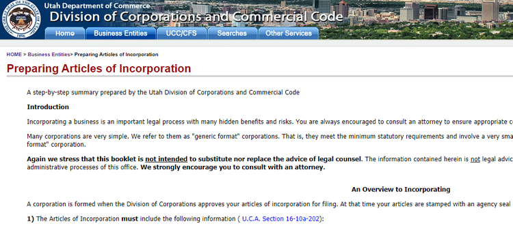 A screenshot of Utah's online business portal within the state Department of Commerce