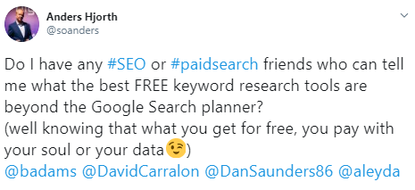 Screenshot of a Tweet asking the search marketing community for suggestions of free keyword tools.
