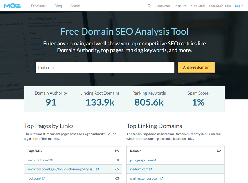 Screenshot of Moz's domain search for Fool.com.