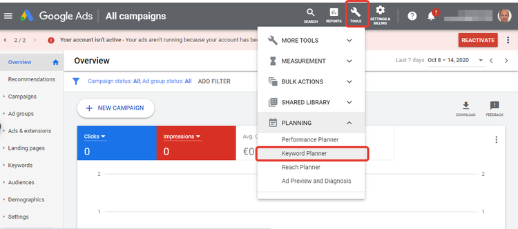 Screenshot from within a Google Ads account showing the Tools menu and Keyword Planner item.