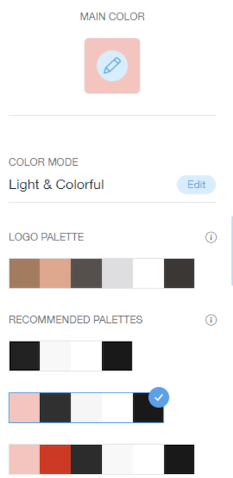 The Wix theme palette picker, with a main pink color-highlighted and recommended palettes below.