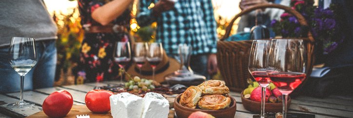 A group of friends drinking wine around a cheese plate on a picnic table in a vineyard.