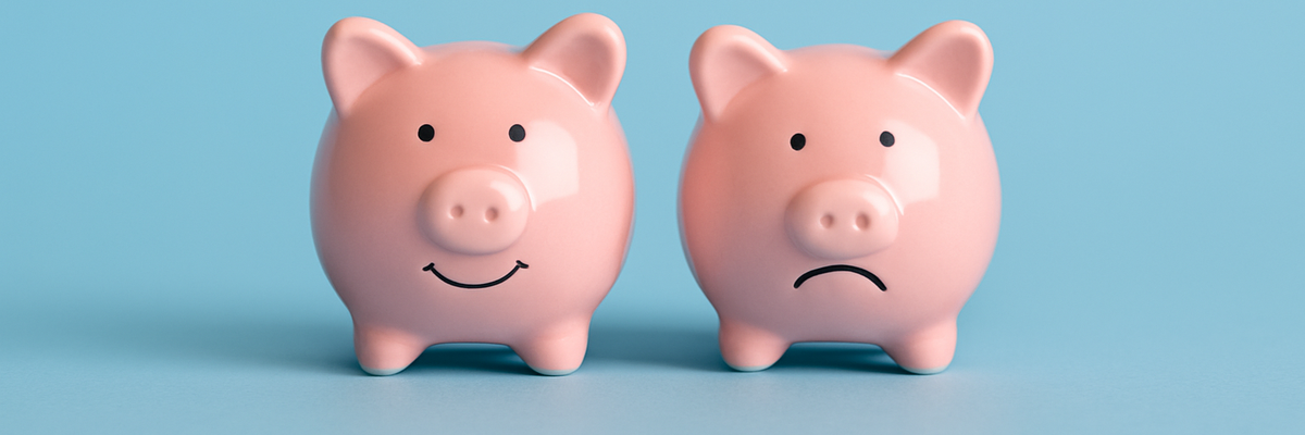 A frowning piggy bank next to smiling piggy bank on baby blue background.