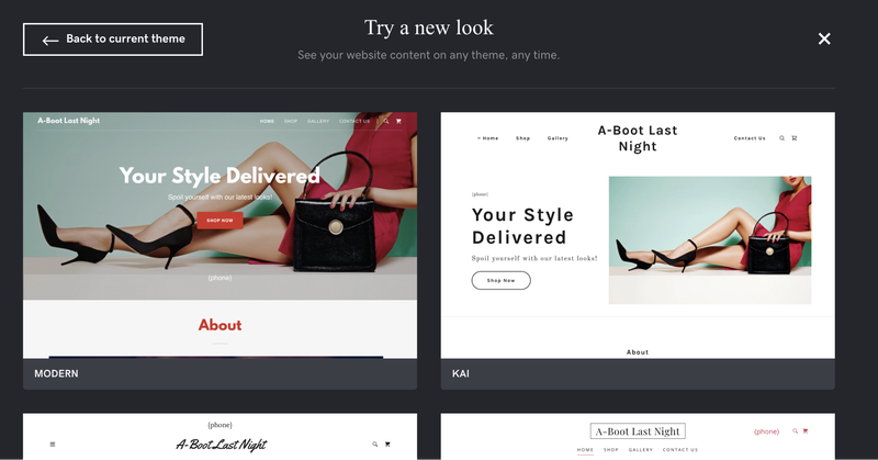 GoDaddy’s theme library, with various versions of a homepage featuring a woman wearing heels and holding a black pocketbook.