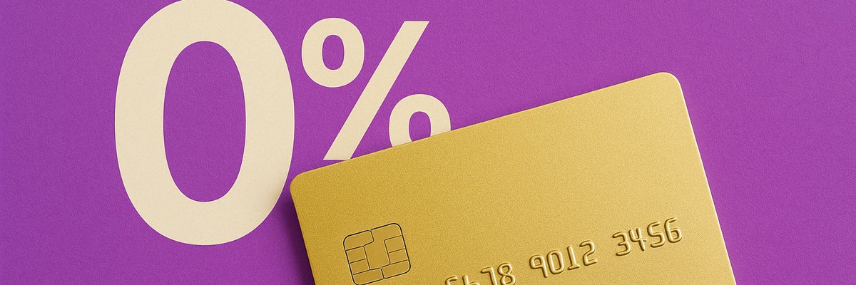 A gold zero percent APR credit card against purple background.