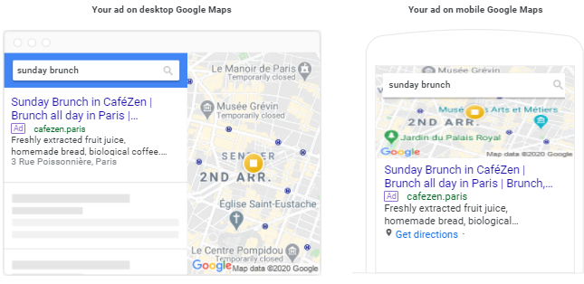 Desktop and mobile ad previews for Google Maps.