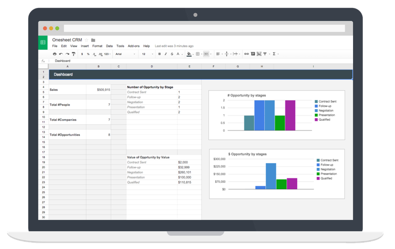 The Onesheet CRM Google Sheets template.