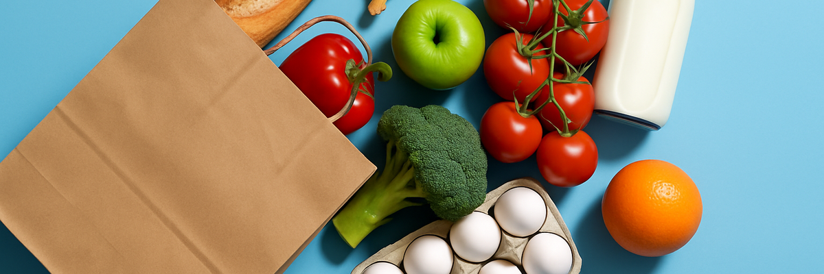 Groceries spilling out of brown paper bag on blue background.