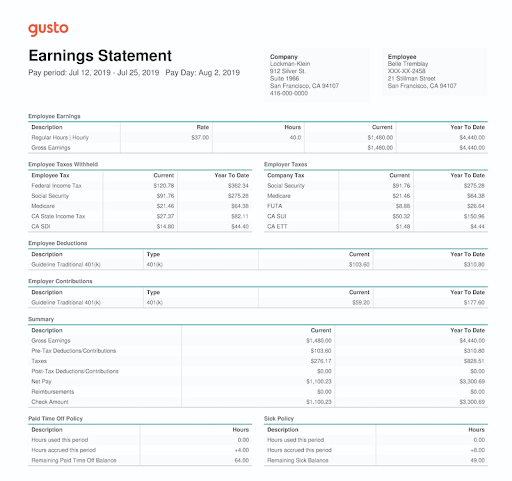 A portion of the earnings statement that includes payroll tax calculations.