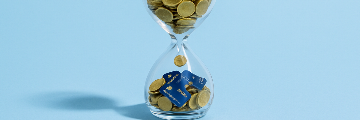 An hourglass with coins and mini credit cards flowing through it on light blue background.