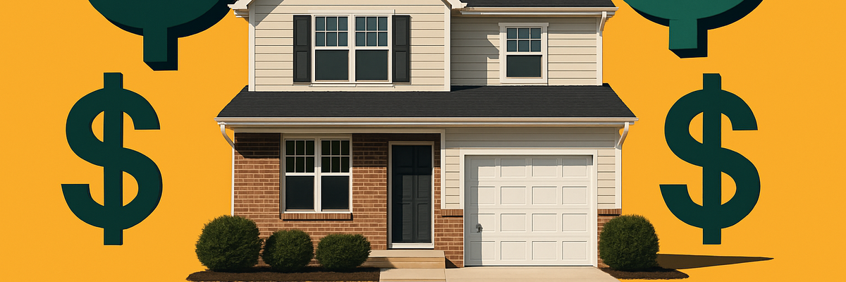 A house set on a yellow background alongside varying sizes of dollar signs.