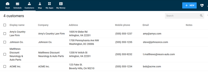 Housecall Pro customer screen listing each customer's name, address, phone number, email address and company notes.