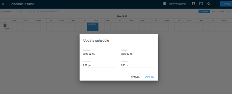 Housecall Pro scheduling view with ability to adjust appointment times.