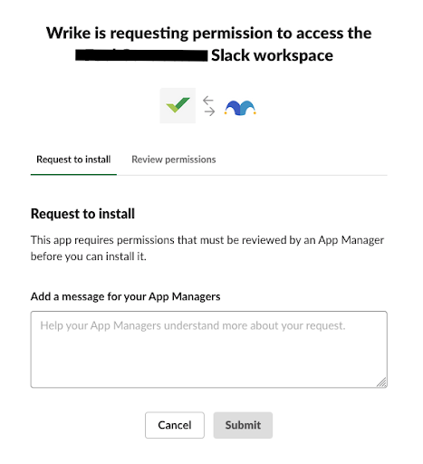 The permission request window for integrating Wrike with a Slack workspace.