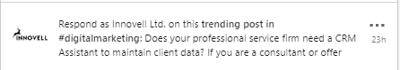 LinkedIn notification inviting the user to respond to a post using the company profile.