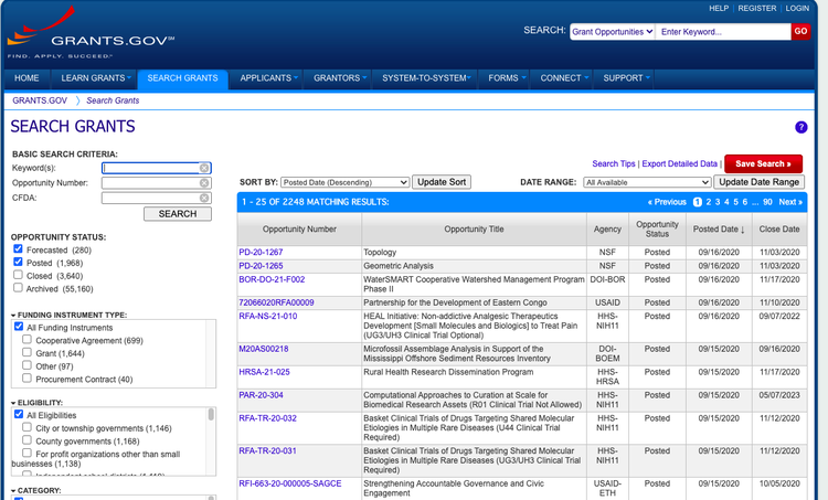 A grants search screen showing results listed by date.