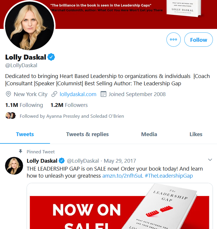 Screenshot of Holly Daskal's twitter page showing her headshot, description, and recent posts.