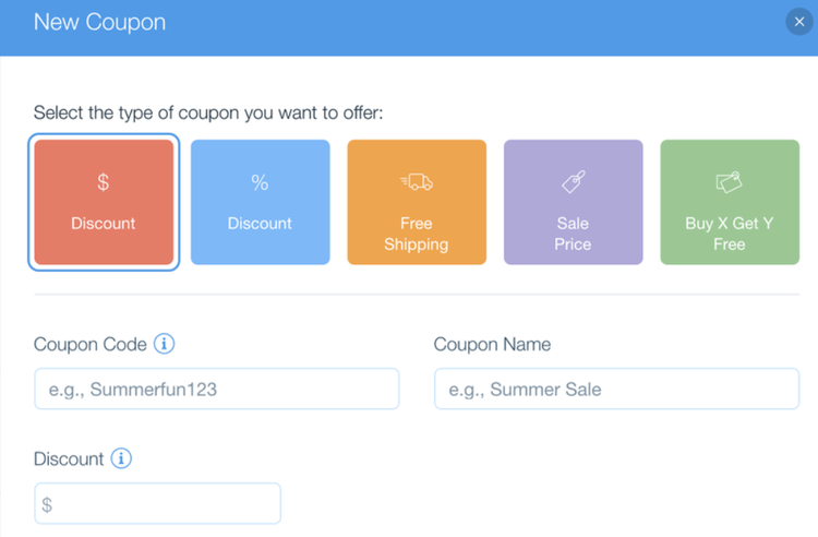 A screenshot of Wix eCommerce’s coupon feature.