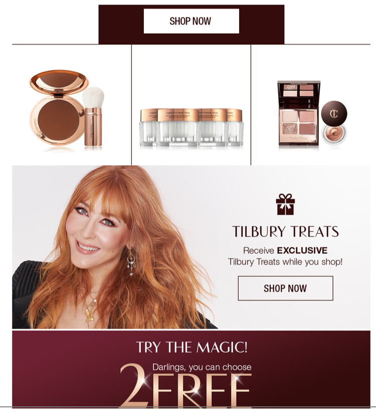The Charlotte Tilbury cosmetic brand uses multiple CTAs in its email newsletters.