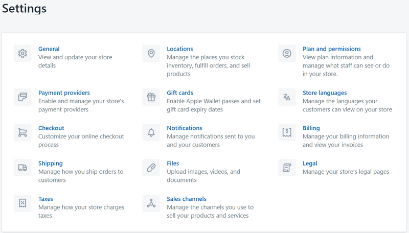 Screenshot of settings menu on Shopify