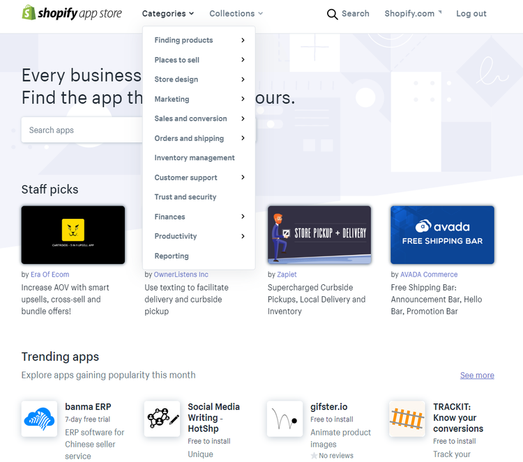 Screenshot of app store in Shopify