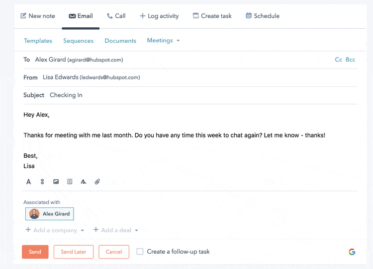 HubSpot CRM screen for sending an email to a lead.