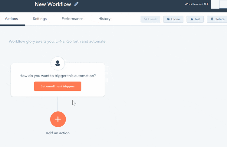 Hubspot CRM's workflow screen with buttons to set triggers linking to different actions.