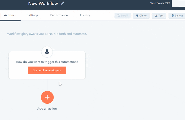 HubSpot CRM's workflow screen with buttons to set triggers linking to different actions.