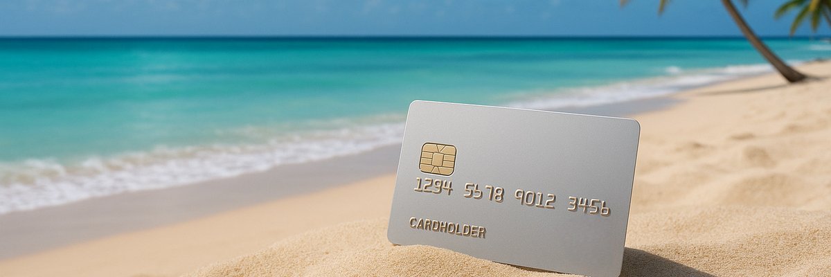 Beach scene with palm trees and light grey credit card poking out of the sand.