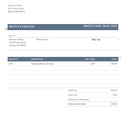 Example of invoice with net 30 terms