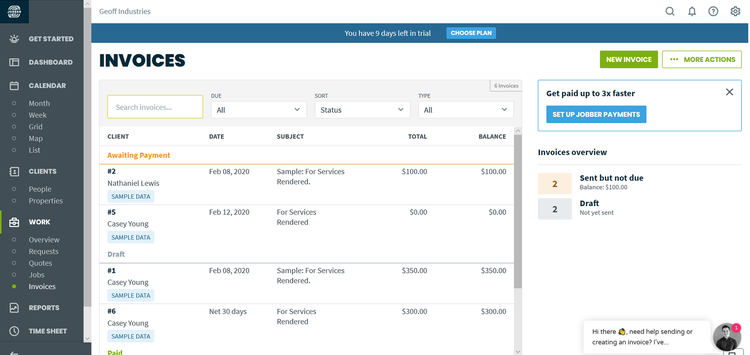 Jobber desktop view showing pending invoices with details about each client, date, total due, etc.