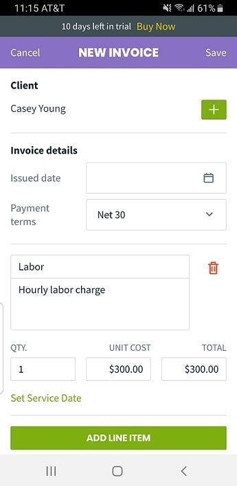Jobber mobile view with screen to create a new invoice for a client including information such as date, description, quantity, cost, etc.