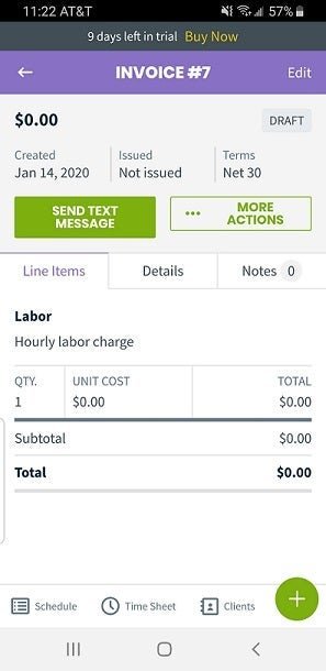 Jobber mobile image of a completed invoice with option to text this invoice to the client.