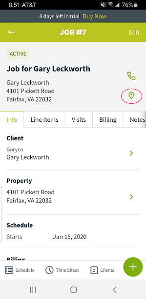 Jobber mobile job screen with details about the client and ability to navigate to the site via google maps (icon circled in red).
