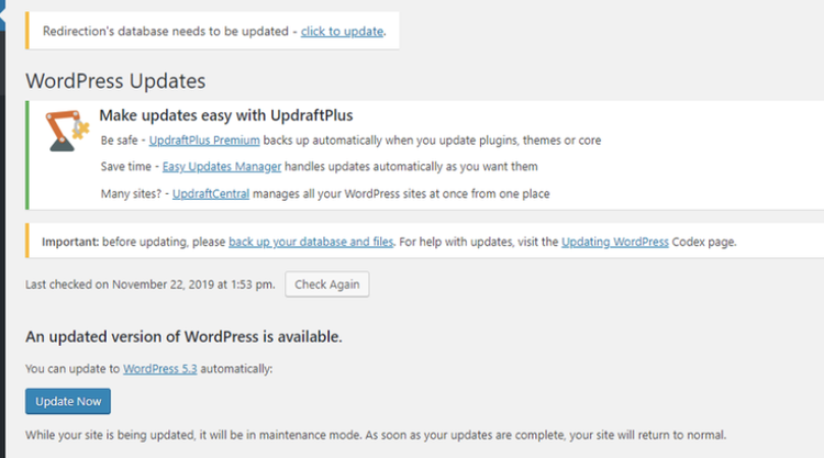 Detalles sobre las actualizaciones de WordPress disponibles.