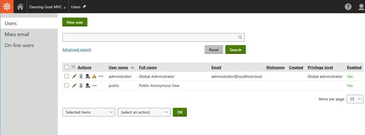 Kentico user admin screen with information about each user's information including username, email, and admin level.